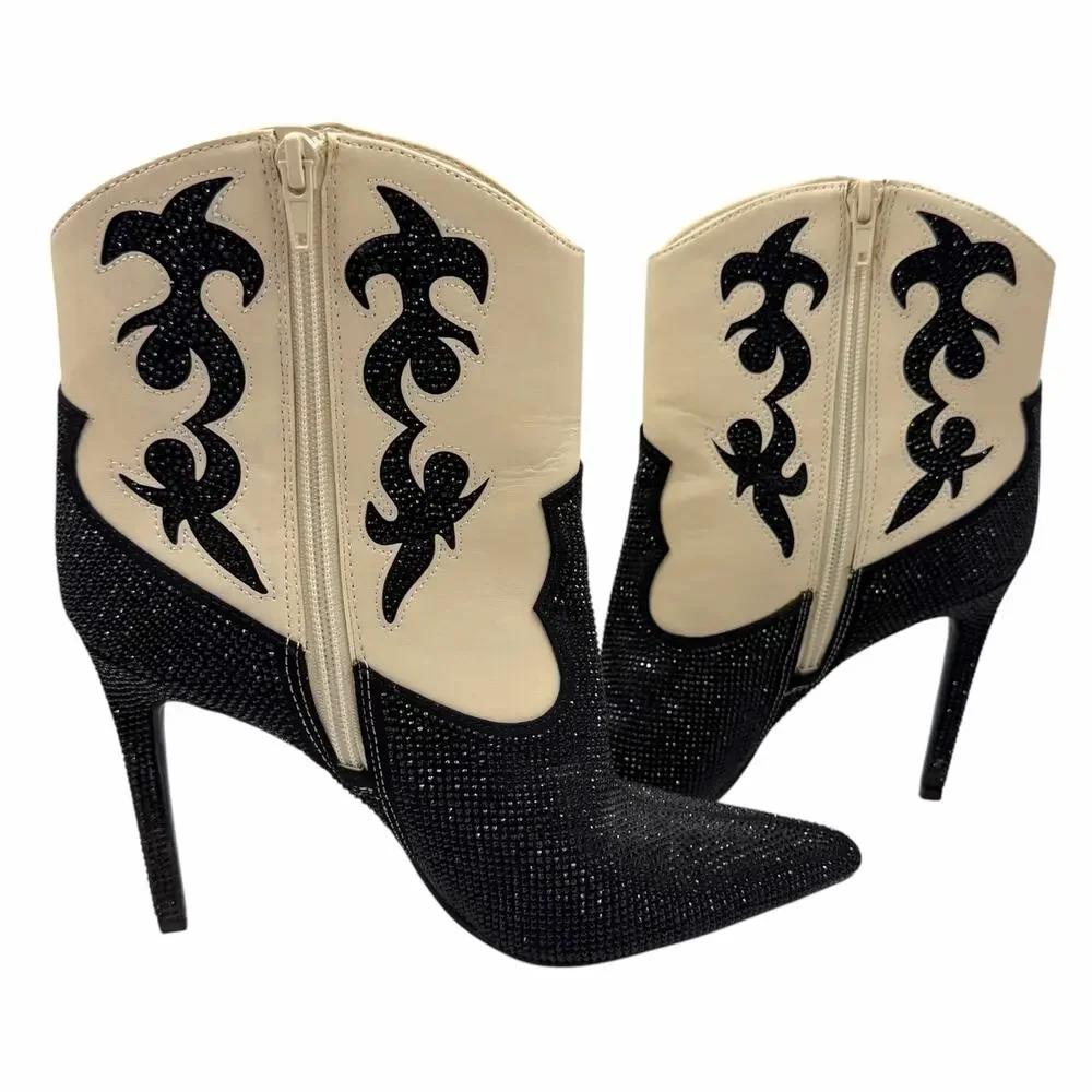 INC International Concepts Indigo Embellished Western Boots Cream Black Bling 7M